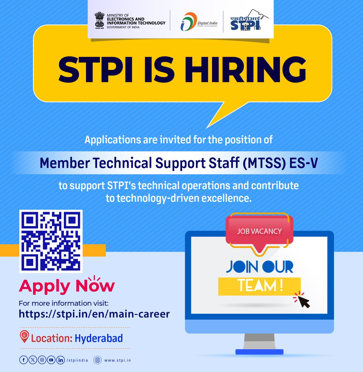 stpiindia's tweet photo. 💻 Your technical expertise can make an impact!

STPI is looking for a Member Technical Support Staff (MTSS) ES-V to support its technical operations at STPI Hyderabad.

If you're ready to put your skills to work in a technology-driven organisation, this could be your next opportunity.

📅 Last Date to Apply: 12 October 2026
🔗 For more info, visit: https://t.co/FFz5TmawXw

#STPI #Hiring #MTSS #CareerOpportunity #TechnicalJobs #Hyderabad #STPIHiring     

@GoI_MeitY @AshwiniVaishnaw @JitinPrasada @SecretaryMEITY @arvindtw @_DigitalIndia @NeGD_GoI @STPIHyderabad @Naukri
@Glassdoor