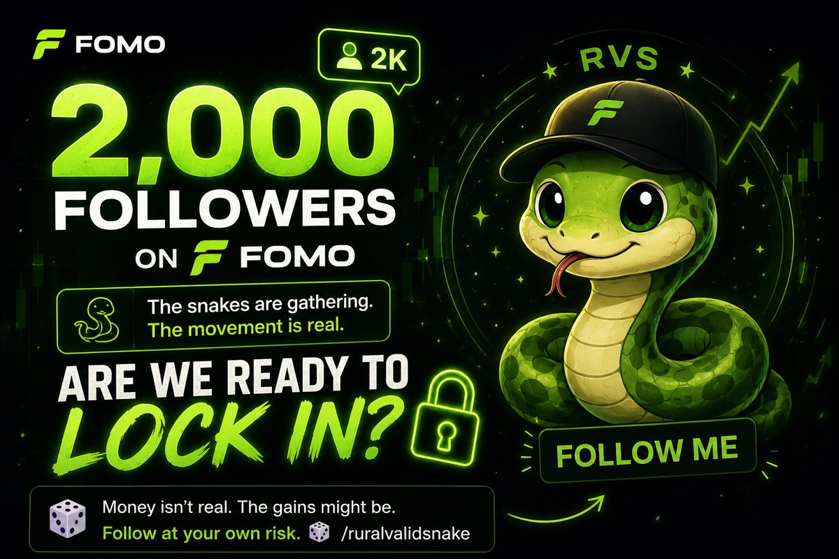 ruralvalidsnake's tweet photo. 2,000 followers on FOMO! 🐍🎲 @fomo 

Are we ready to lock in? 🔒
Follow me and watch the journey. 👀

Money isn’t real. The gains might be.
Follow at your own risk. 🎲

https://t.co/CAyoSwMMKk https://t.co/7B4nM40ZvS