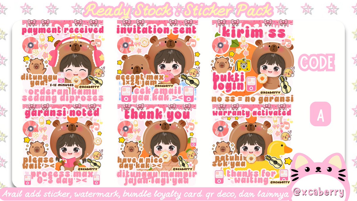 xcaberry's tweet photo. any repost would be appreciated 🍒

haloooo teman-teman (˶˃ ᵕ ˂˶) aku ada 4 READY STOCK STICKER PACK BA yang bisa kalian jemput dengan price 15.000 / pack 🎁

♡ free retext
♡ bisa add sticker +wm
♡ bundle loyalty card &amp; qr deco
♡ get file png &amp; sticker  

cek alt #bealanja https://t.co/BivC8fl5Yr