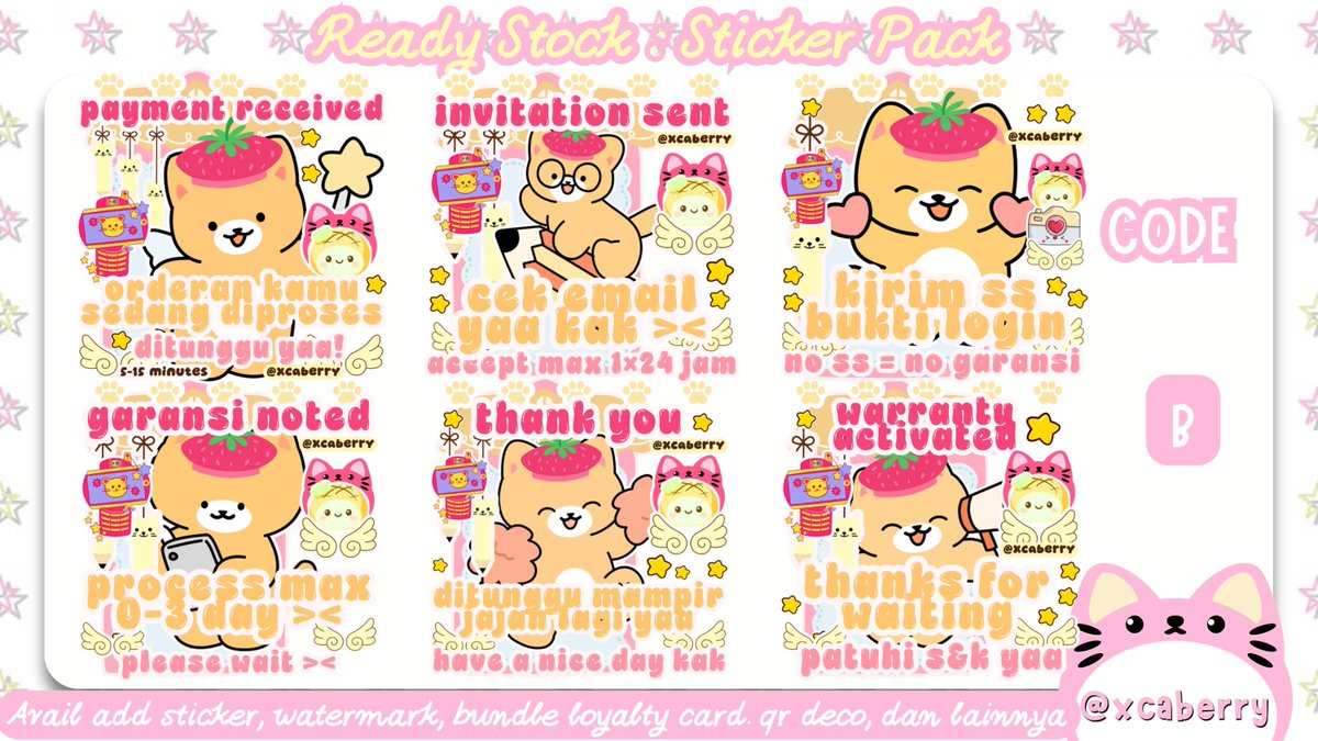 xcaberry's tweet photo. any repost would be appreciated 🍒

haloooo teman-teman (˶˃ ᵕ ˂˶) aku ada 4 READY STOCK STICKER PACK BA yang bisa kalian jemput dengan price 15.000 / pack 🎁

♡ free retext
♡ bisa add sticker +wm
♡ bundle loyalty card &amp; qr deco
♡ get file png &amp; sticker  

cek alt #bealanja https://t.co/BivC8fl5Yr