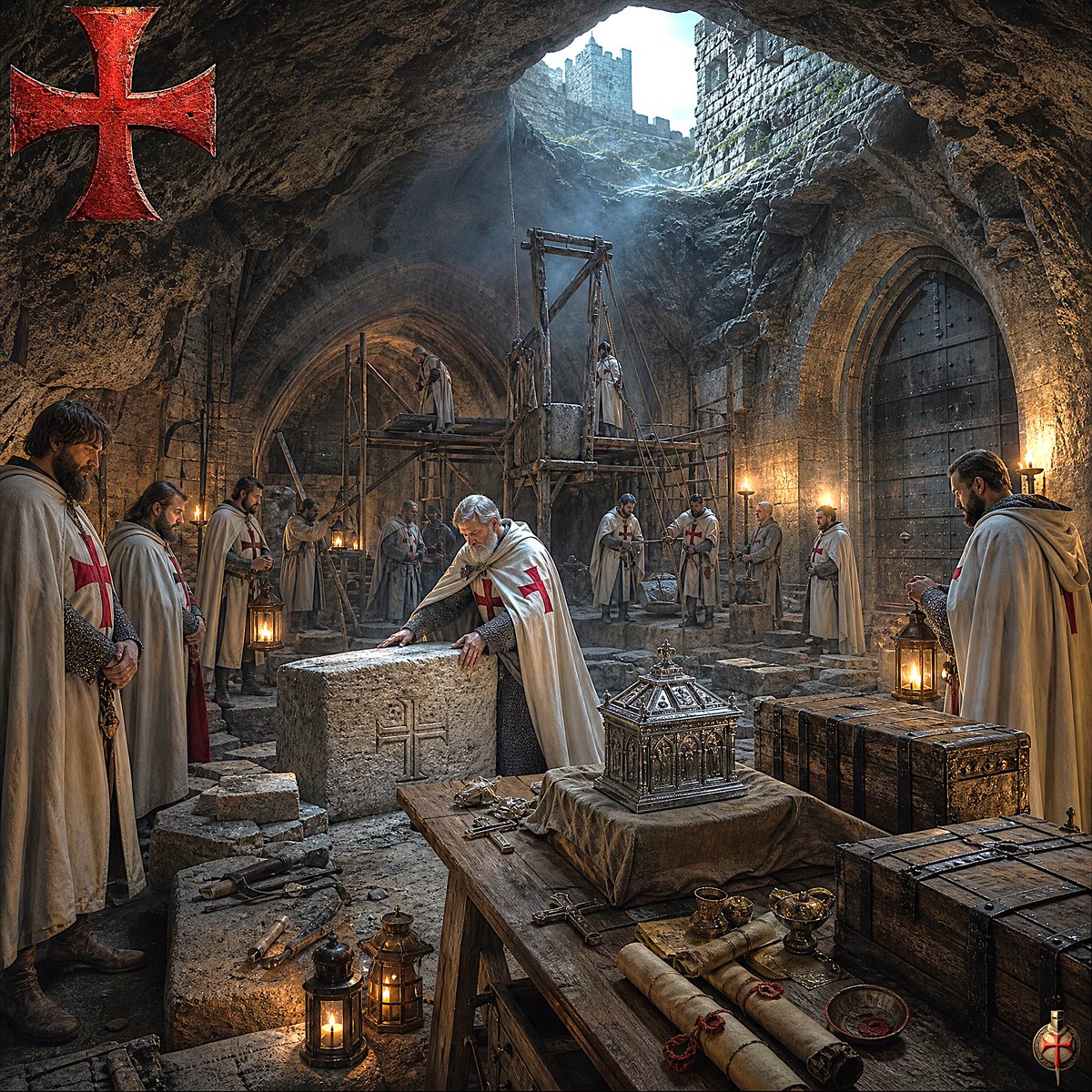 ClaraV94746's tweet photo. A scene depicting the founding of the secret underground treasury beneath the Scottish castle. The Knights Templar lay the cornerstone, while in the foreground one can see the sacred reliquary, sealed chests, manuscripts, and construction tools. https://t.co/TSiJEamO22