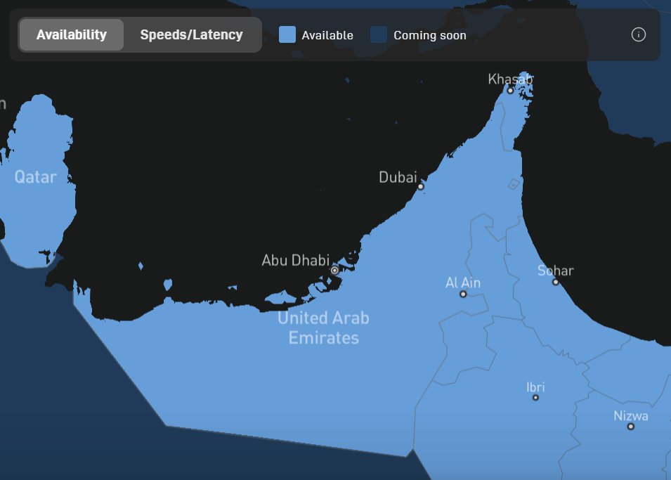 Starlink's tweet photo. Starlink's high-speed, low-latency internet is now available in the United Arab Emirates! 🛰️🇦🇪❤️ → https://t.co/MgzLvBNudz https://t.co/DapiYXoIgi
