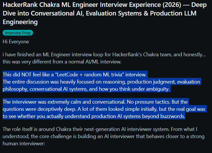 rvivek's tweet photo. We don't make candidates do any LeetCode in our hiring.

A candidate just shared their experience with Chakra, our agentic interviewer. It spent 60 minutes with them on:

> Fixing a broken production system
> Measuring real user impact
> Weighing system trade-offs

Anyone can memorize syntax. Engineers should be evaluated on real-world judgment and how they work with AI.