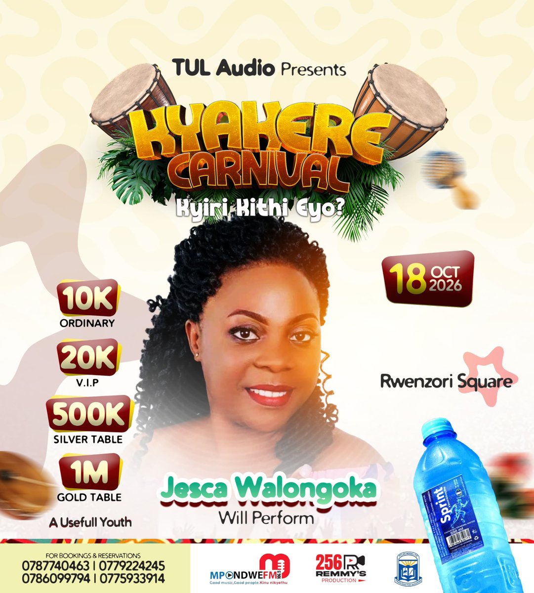 jerryPromotionz's tweet photo. KASESE! A LEGEND is coming home!

Gospel icon Jesca Walongoka will perform LIVE at the KYAKERE CARNIVAL! 

 📅 18th OCT 2026
 📍 Rwenzori Square
 🎟️ 10K Ordinary | 20K VIP | 500K Silver Table | 1M Gold Table

> #KyakereCarnival #Kasese #JescaWalongoka #Rwenzori  #TULAudio https://t.co/Qfo40YUuhO