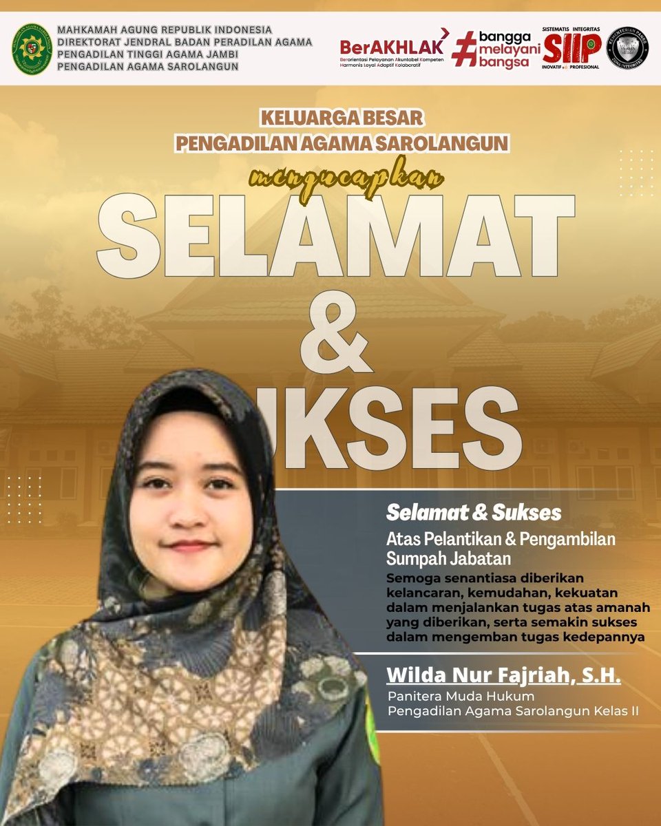 PASarolangun's tweet photo. Pengadilan Agama Sarolangun mengucapkan Selamat dan Sukses kepada Ibu Wilda Nur Fajriah, S.H. atas pelantikan dan pengambilan sumpah jabatan sebagai Panitera Muda Hukum PA Sarolangun Kelas II, yang sebelumnya menjabat sebagai Panitera Pengganti pada PA Muara Bulian Kelas IB https://t.co/fRPxxiMwMw