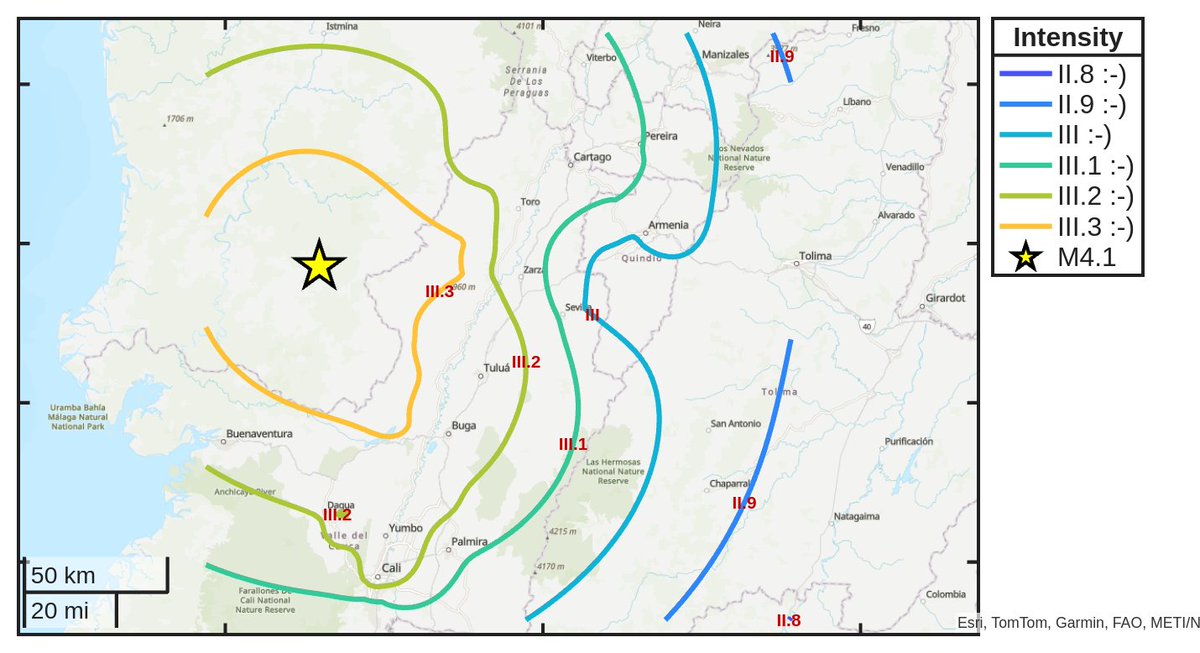 SismoDetector's tweet photo. Mapa de intensidad del #sismo M4.1 ocurrido a las 05:17:00 (UTC) con epicentro a 61 km de #Roldanillo, Colombia. Descarga la app Sismo Detector desde https://t.co/jS9crK4Riw para recibir alertas en tiempo real en tu smartphone https://t.co/j3YLyHoSHE