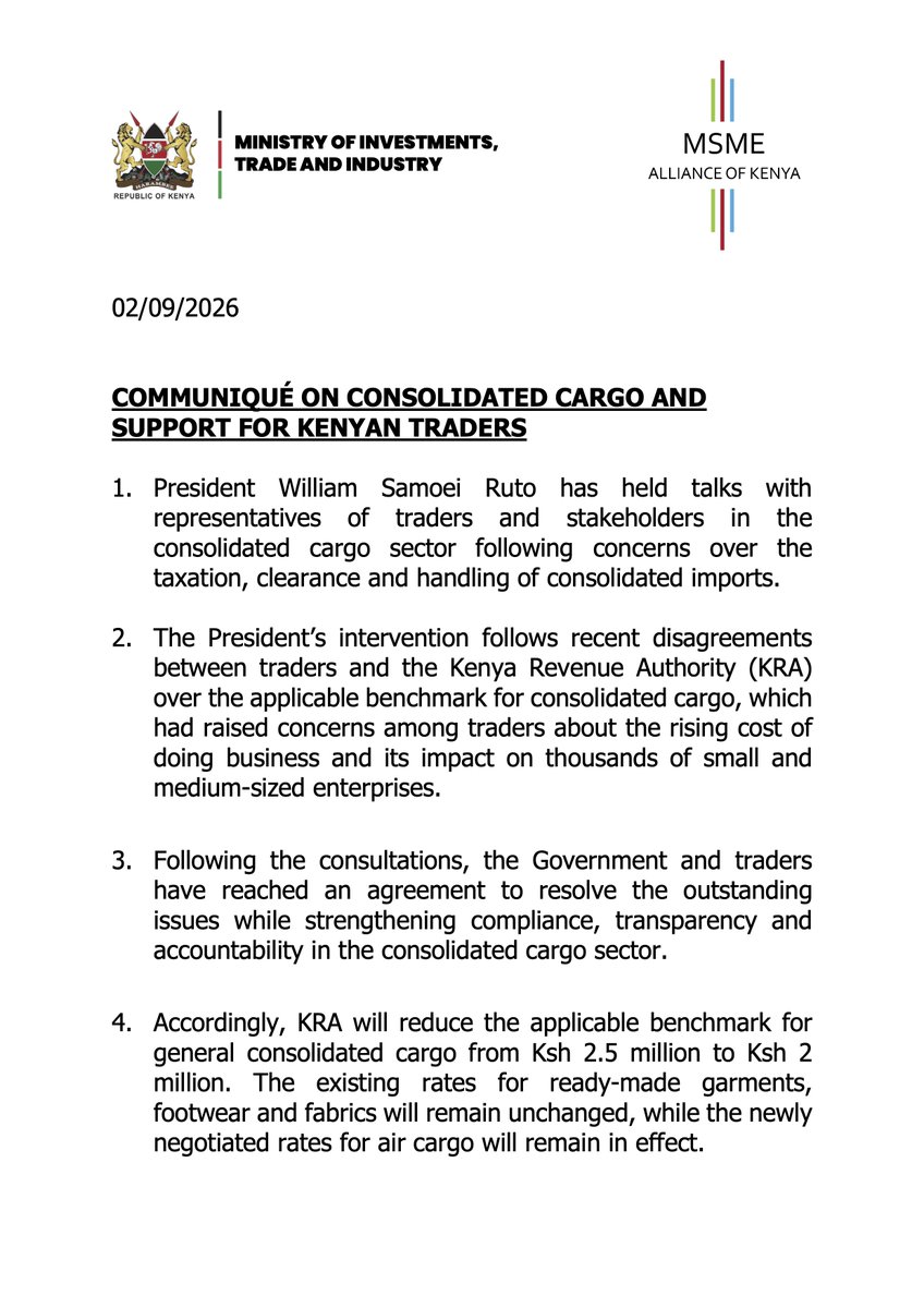 WilliamsRuto's tweet photo. We are committed to constructive dialogue and practical solutions that protect livelihoods, strengthen businesses and support our economy.

We have heard the concerns raised by traders. The measures agreed upon must now be fully implemented, guided by continued engagement, mutual respect and a shared commitment to our country’s economic progress.

Our traders are entrepreneurs, employers and a vital part of Kenya’s economic strength. We will continue working together to create a fair, predictable and enabling environment in which businesses of every size can thrive.