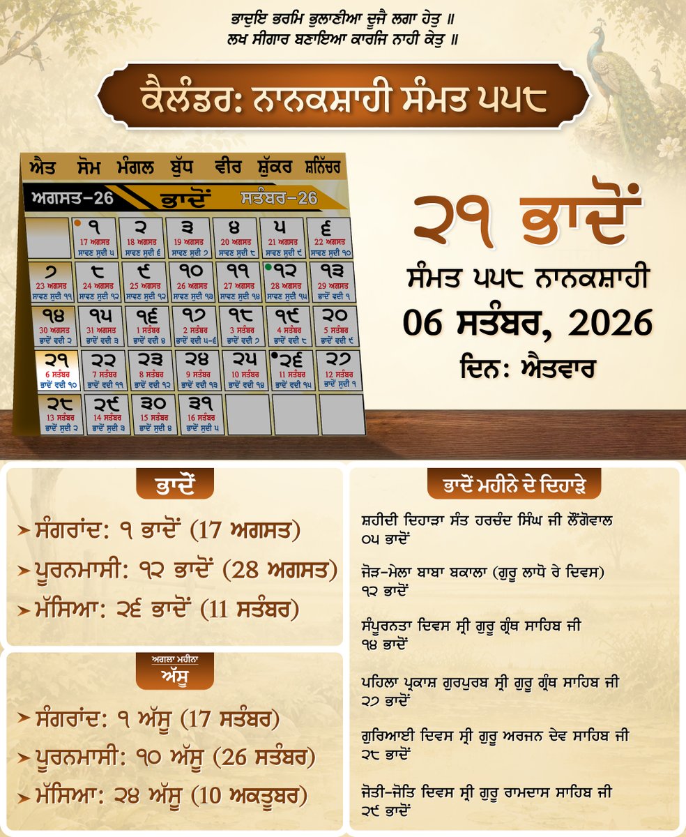 SGPCAmritsar's tweet photo. ੨੧ ਭਾਦੋਂ ਸੰਮਤ ੫੫੮ ਨਾਨਕਸ਼ਾਹੀ, ਐਤਵਾਰ | ੦੬ ਸਤੰਬਰ, ੨੦੨੬
#Sikhs #SikhCalendar #NanakSahiCalendar #Bhadon #DailySikh #SikhUpdates https://t.co/E6UWtXzZGn
