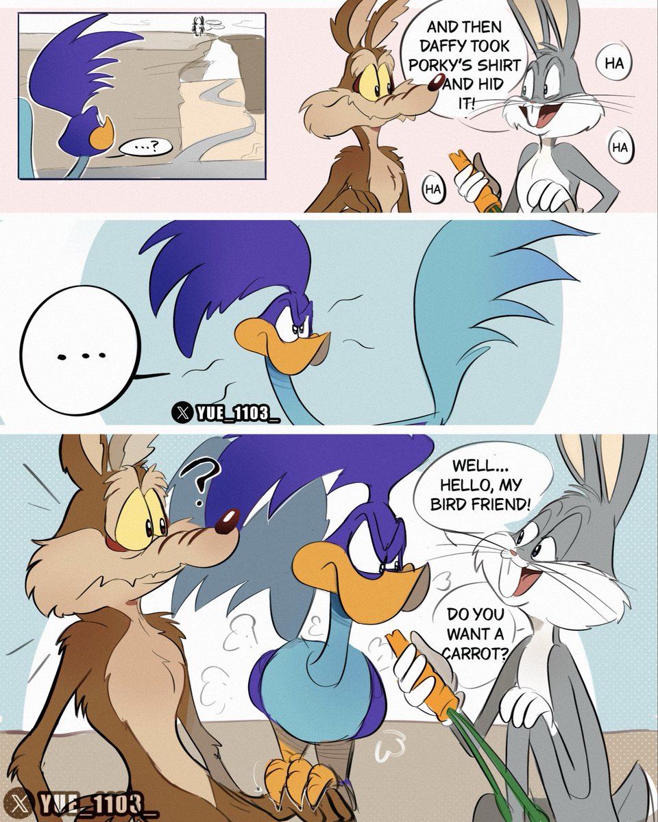 Yue_1103_'s tweet photo. Jealous Roadrunner 
(Correcaminos celoso de Bugs Bunny 🤭)

#coyotevsACME #wilerunner #coyote #bugsbunny https://t.co/u8pGQYHnR1