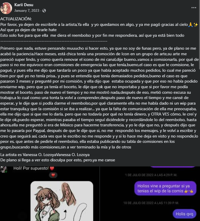 andre_uwu's tweet photo. @LilRoseVT @Ghoshiro Ella ha sido funada en fb varias veces hasta que se cambio de user a pinky oe, yo tomaria lo que dice con pinzas, de hecho si vas a una de sus ultimas publicaciones tiene aun a dia de hoy comentarios llamandola estafadora pq no entrega trabajos a tiempo y habla mal de clientes https://t.co/mKy0XZttjb