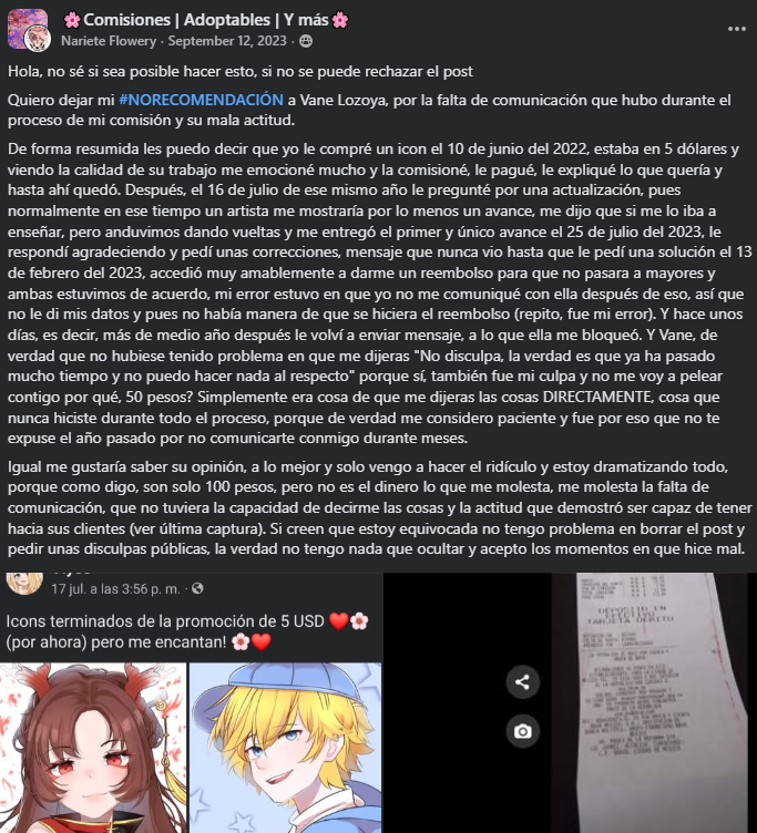 andre_uwu's tweet photo. @LilRoseVT @Ghoshiro Ella ha sido funada en fb varias veces hasta que se cambio de user a pinky oe, yo tomaria lo que dice con pinzas, de hecho si vas a una de sus ultimas publicaciones tiene aun a dia de hoy comentarios llamandola estafadora pq no entrega trabajos a tiempo y habla mal de clientes https://t.co/mKy0XZttjb