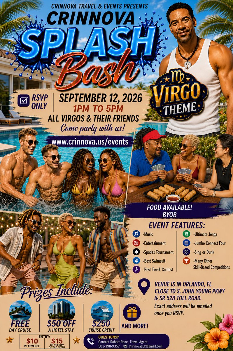 CrinnovaLLC's tweet photo. Calling ALL VIRGOS &amp; friends of Virgos! 🎉 Come celebrate your birthday with us at the Crinnova Splash Bash! 💦🥳

📅 Saturday, September 12, 2026 from 1–5 PM
All zodiac signs welcome! ♍️🎂💦

👉 RSVP &amp; Event Details - link in bio.⁠
https://t.co/QZpcpPFjmU

#Crinnova #PoolParty https://t.co/cXGKTwl5c7