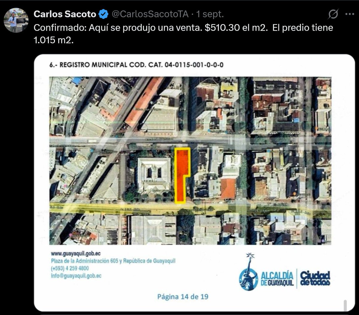 lahistoriaec's tweet photo. Tierra de pocos. El periodista @CarlosSacotoTA revela que la alcaldía de Guayaquil vendió un espacio público en pleno centro de la ciudad, para que se construya un centro comercial. A razón de $510 el metro cuadrado. https://t.co/xNM1PsP3cr