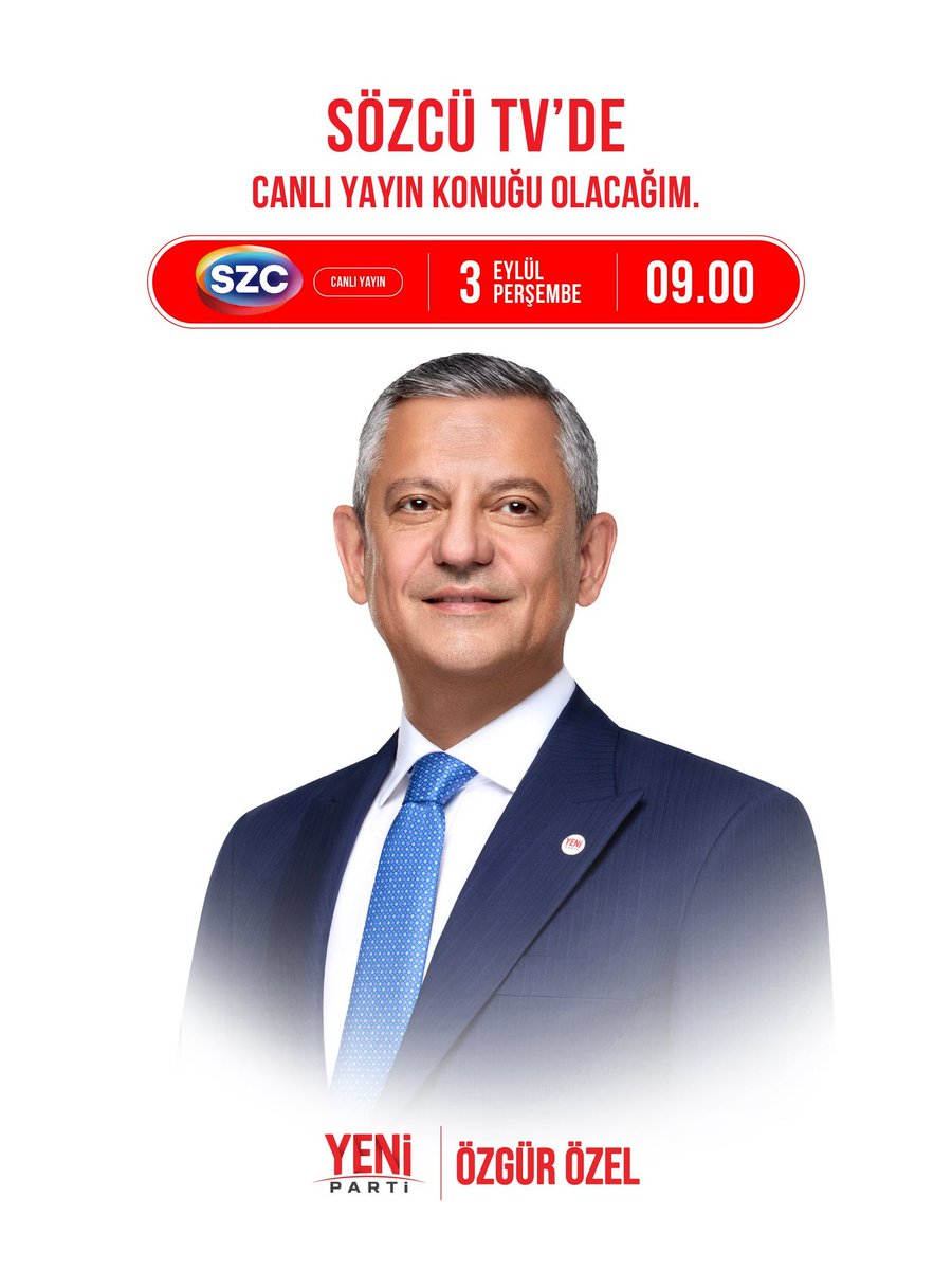 YParti_Eyyubiye's tweet photo. Genel Başkanımız Özgür Özel, bugün saat 09.00'da Sözcü TV'de İsmail Küçükkaya'nın canlı yayın konuğu olacak. 
@eczozgurozel https://t.co/UdGPS8pqra