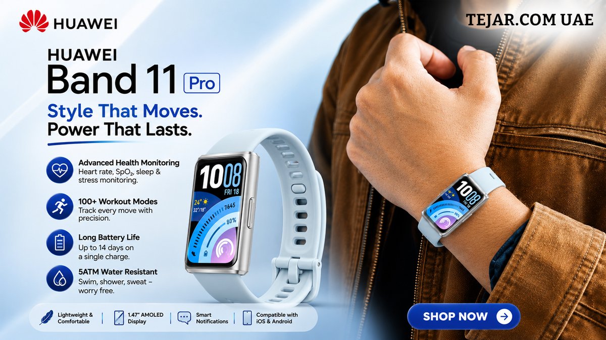TejarUAE's tweet photo. Smarter fitness. Better every day. ⌚✨
HUAWEI Band 11 Pro is now at Tejar!
✔ Advanced health tracking ❤️
✔ Multiple workout modes 🏃
✔ Smart sleep monitoring 😴
✔ Long-lasting battery 🔋
Shop now at Tejar.
#Tejar #HUAWEI #Band11Pro #SmartBand #FitnessTracker https://t.co/JuVDIrU0hZ