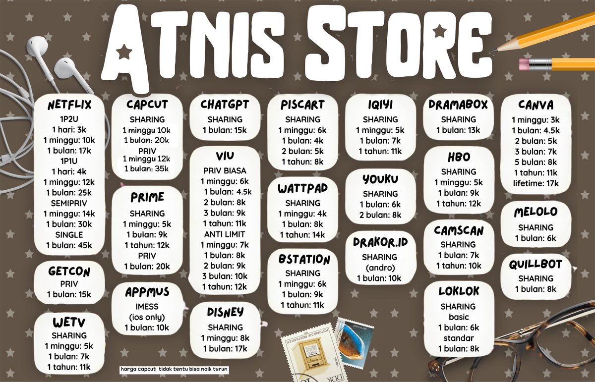 hejard's tweet photo. ATNIS STORE OPEN GUYSSS‼️

NETFLIX VIU AMAZON PRIME HBO YOUTUBE YOUKU CANVA IQIYI APPLE MUSIC DISNEY CAPCUT WETV VIDIO CHAT GPT LOKLOK WATTPAD BSTATION ALIGHT MOTION REMINI

🤎trusted n fullgar
🤎app prem lainnya bisa tanyakan
💌https://t.co/eUSILbcLyE
#zonauang #bealanja #zonaba https://t.co/3H57dbr1Qp