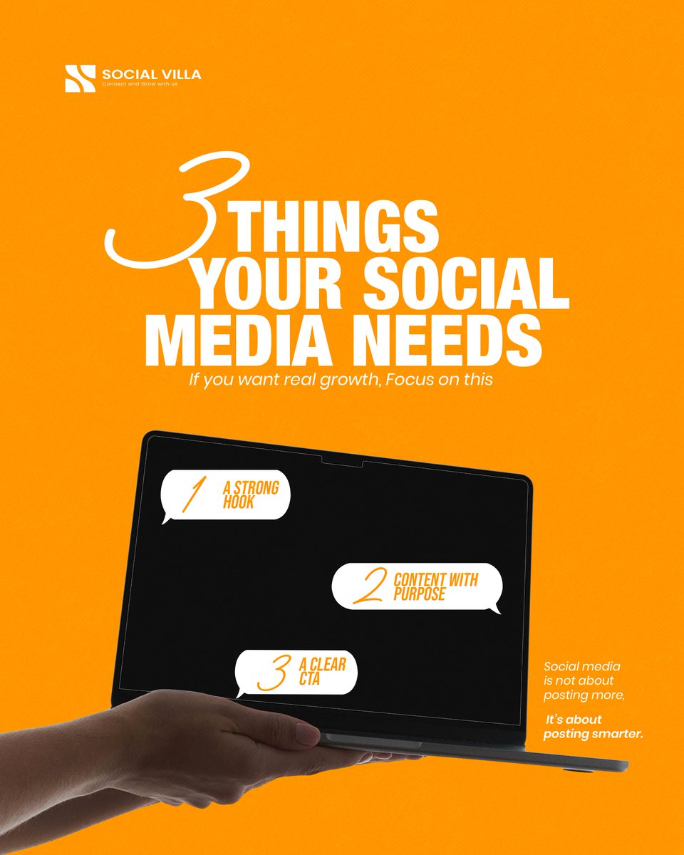 SocialVilla_'s tweet photo. Posting more won't grow your page.
Here are the 3 things every social media strategy needs:
1️⃣ A strong hook — stop the scroll in the first 2 seconds
2️⃣ Content with purpose — every post should serve a goal
3️⃣ A clear CTA — tell people exactly what to do next

#socialmedia https://t.co/wxo0R0JAki