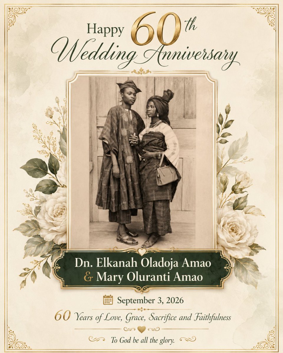 buzzman_a01's tweet photo. Today, September 3, 2026, marks a truly special milestone in our family, the 60th wedding anniversary of my parents, Dn. Elkanah Oladoja Amao and Mary Oluranti Amao.
Sixty years.
Sixty years of choosing each other through thick and thin. Through the good seasons and the difficult ones. Through moments of joy and seasons when life tested you in ways that could easily have made many people give up.
Sixty years of patience, understanding, friendship, sacrifice and commitment.
Sixty years of learning to live together, forgive each other, support each other and keep moving forward, even when the road was not easy.
And then there were the five boys you raised.
You made sacrifices, many of which we probably did not fully understand at the time, just to make sure we had what we needed and could grow into men capable of standing on our own.
When you had plenty, you shared.
And when you didn't have much, somehow, you still found something to give.
That is one of the greatest lessons I have learnt from both of you - to live and lead with a large heart.
There are so many stories I could tell. Stories of sacrifice. Stories of difficult decisions. Stories of generosity, discipline, faith and love. But perhaps those stories are for another day.
Today is simply a day to say thank You, God.
Thank You for grace.
Thank You for strength.
Thank You for sustaining this marriage for six incredible decades.
Thank You for being there in the moments they could see You and, in the moments, when they simply had to trust that You were there.
The God who was there at the beginning has remained faithful through it all, the Alpha and the Omega, the Beginning and the End.
To Him alone be all the glory, honour and praise.
And personally, I thank God every day for giving both of you to us.
As I always joke:
“My papa no be Dangote or Adeleke, but we dey okay o! 😂”
Because beyond money and possessions, you gave us something far more valuable, a foundation, a family, a name, values, prayers, love, and an example we can carry into our own homes.
Happy 60th Wedding Anniversary, Grandpa and Grandma.
Sixty beautiful years down.
And by God's grace… 60 more to go!
May God continue to preserve you, strengthen you and surround you with the love of the children, grandchildren and family you have spent a lifetime building.
“Even to your old age and gray hairs I am He, I am He who will sustain you. I have made you and I will carry you; I will sustain you and I will rescue you.”
Happy Diamond Wedding Anniversary, Dad & Mum.
We love you, we honour you, and we celebrate you today and always.