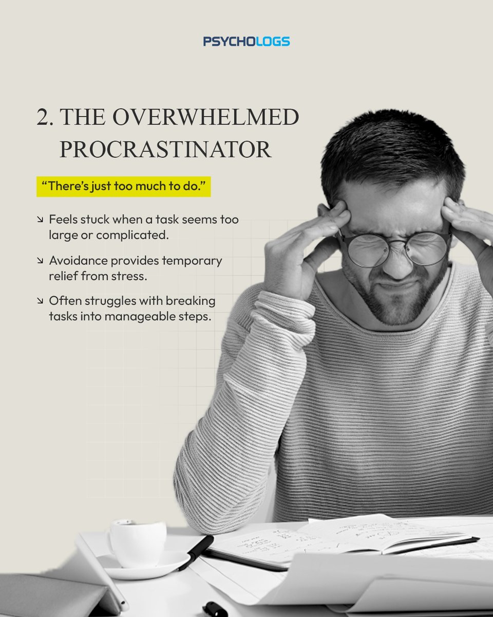 PsychologsIndia's tweet photo. Which type sounds most like you?
Procrastination isn’t always about being lazy. Sometimes, it’s about how you respond to pressure, uncertainty, perfectionism, or uncomfortable emotions.

#Procrastination #Psychology #PsychologyFacts #MentalHealthAwareness #SelfAwareness https://t.co/NTMiFjlltg