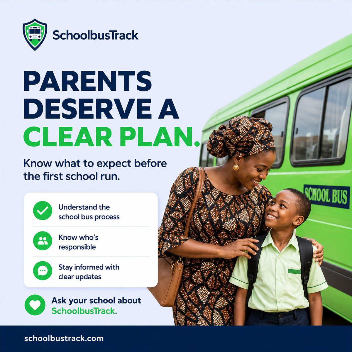 SchBusTrack's tweet photo. Parents deserve a clear plan before the first school run.

Ask your school how SchoolbusTrack can help you understand the bus process, know who is responsible and receive clear updates.
#SchoolbusTrack #ParentPeaceOfMind #SchoolResumption #SchoolTransport #StudentSafety https://t.co/ANmXJbC2m3