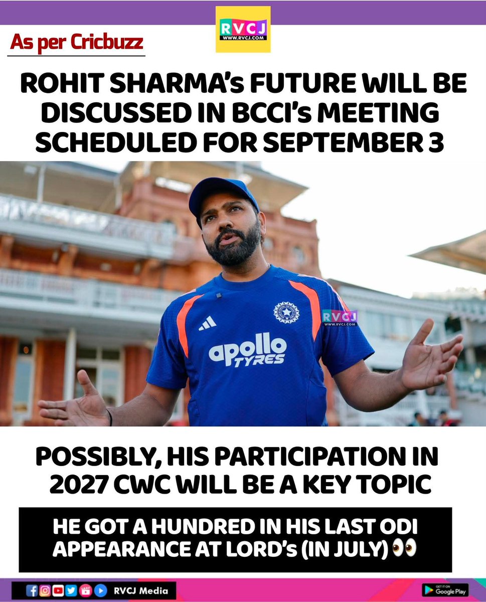 RVCJ_Sports's tweet photo. BCCI is set to discuss Rohit Sharma's ODI future and his potential role in the 2027 World Cup. Will the Hitman continue his dominating form on the big stage?
#RohitSharma #Hitman #BCCI #TeamIndia #CWC2027 https://t.co/5X3l3SbQZT