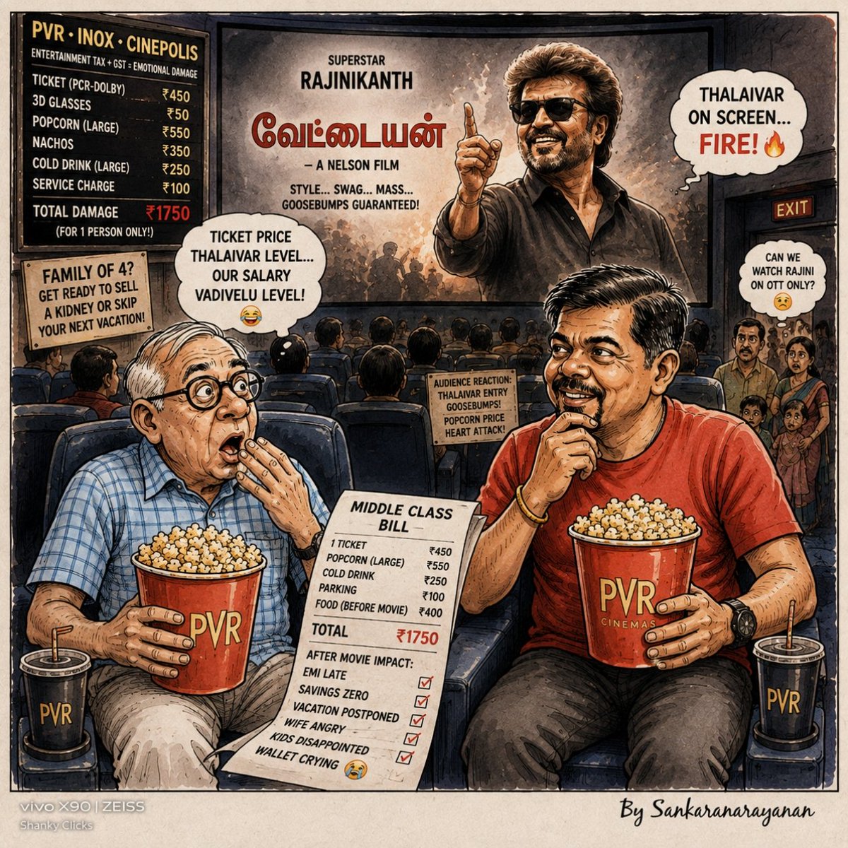 shankar_101's tweet photo. As #ticket costs a vacation, watching your favorite #actor becomes a test of financial survival🍿
#Superstar swag, middle-class damage.
#Cinematic experiences are hitting wallets harder than movie punches, turning multiplex treats into major financial crises
#ShankyAndCommonMan https://t.co/0XrK6aThug