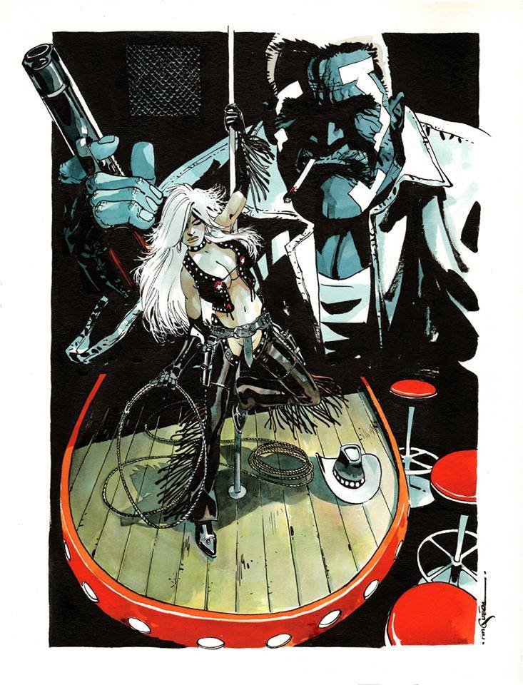 ALindoExposed's tweet photo. @CraigZablo Guera work is fantastic. Huge fan. Here is another Sin City piece he did in b&amp;w and color. https://t.co/KTpDeYZdJ2