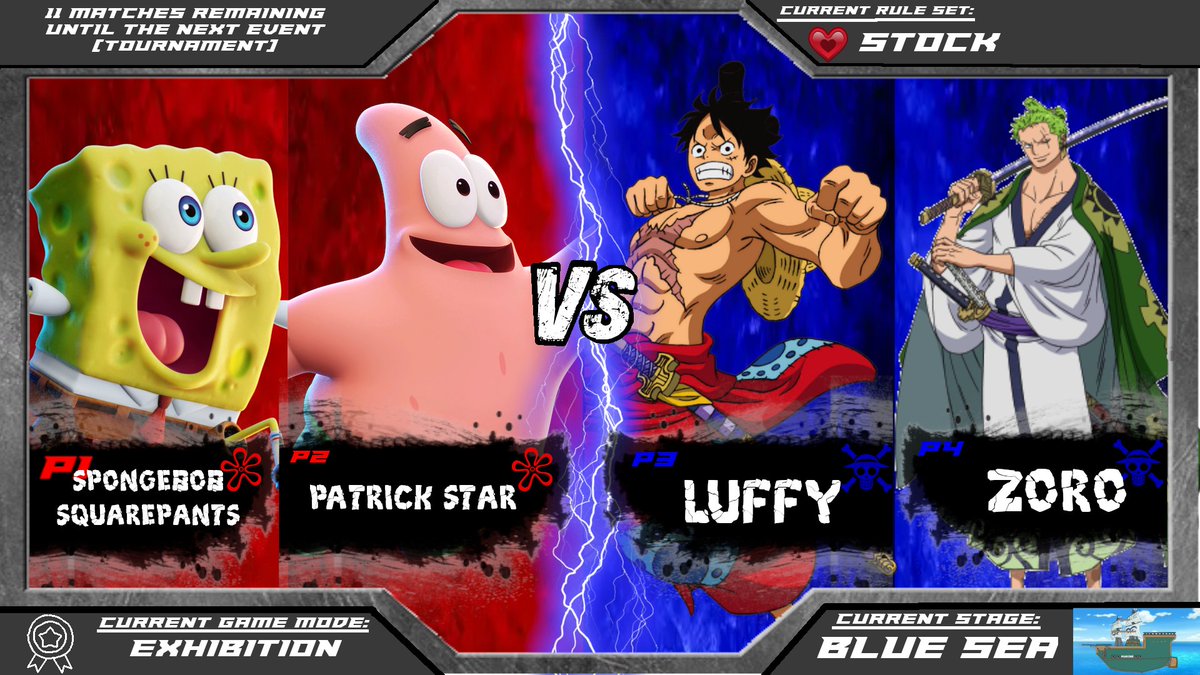 WagerWarsBH's tweet photo. 🏴‍☠️🍍 WAGER WARS IS BACK ON THE BLUE SEA! 🍍🏴‍☠️

SpongeBob &amp; Patrick square off against Luffy &amp; Zoro in a 2v2 battle where anything can happen!

🥊 Who takes the victory?

🔴 SpongeBob &amp; Patrick
 🔵 Luffy &amp; Zoro
🪙 Cast your vote and see if your prediction survives the brawl! https://t.co/wOWruqX4Fu