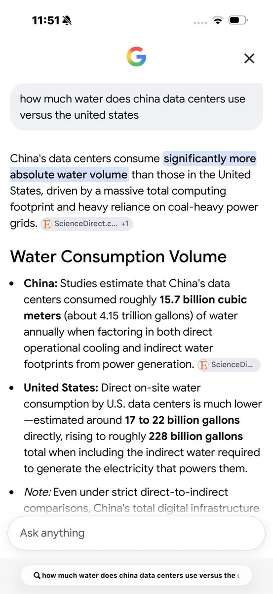 rattletrap1776's tweet photo. They’re running rampant like parrots with rabies 🤡😝

All they know are the Words:

China
Electricity
Water
AI

And it is not even deep “research” to apply:

China is the most HILARIOUS to use as a crutch.

China uses 4.15 Trillion Gallons of water annually with only 580 Data Centers…

Compared to our guesstimated 5,000 Data Centers using 17.4 Billion Gallons per year…

Golf Courses use 2,774% more Water in 17 Days than ALL Data Centers combined annually…

Can you imagine Einstein coming out of the grave to a table…

My Brotha, put that E = MC^2 away…

These folks can’t even comprehend…

17.4 Billion Gallons is 2,774% lower than 500 Billion Gallons…

4.15 Trillion Gallons is 730% higher than 500 Billion Gallons…

All you “angry” face clicks…

Can y’all even comprehend Debits and Credits?

Are these all the Little Jessica’s who believe ‘Chicken of the Sea’ (Tuna)… are Chickens? 

Y’all the same folks who ran the Government from 2016 and prior 📌

The moral of the story is:

Before you protest Water Consumption with Data Centers in the United States…

👉🏼 You should Protest Golf Courses.

There is NO ALTERNATIVE Explanation needed. 

But by all means, keep making it Rocket Science, geniuses 🚀🧪