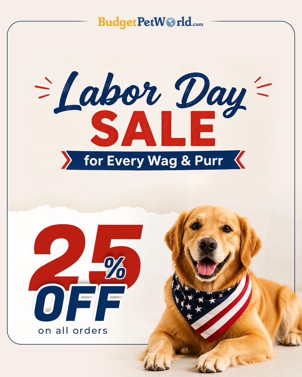 BudgetPetWorld's tweet photo. Labor Day savings are here!
Get 25% OFF your pet essentials at BudgetPetWorld. Use code DAYOFF5 and save! 🐶🐱
#BudgetPetWorld #LaborDaySale #LaborDaySavings #PetDeals #PetSavings #PetCare #PetEssentials #PetParents #DogLovers #CatLovers #HappyPets #HealthyPets #PetShopping https://t.co/j6ssD6NWtE