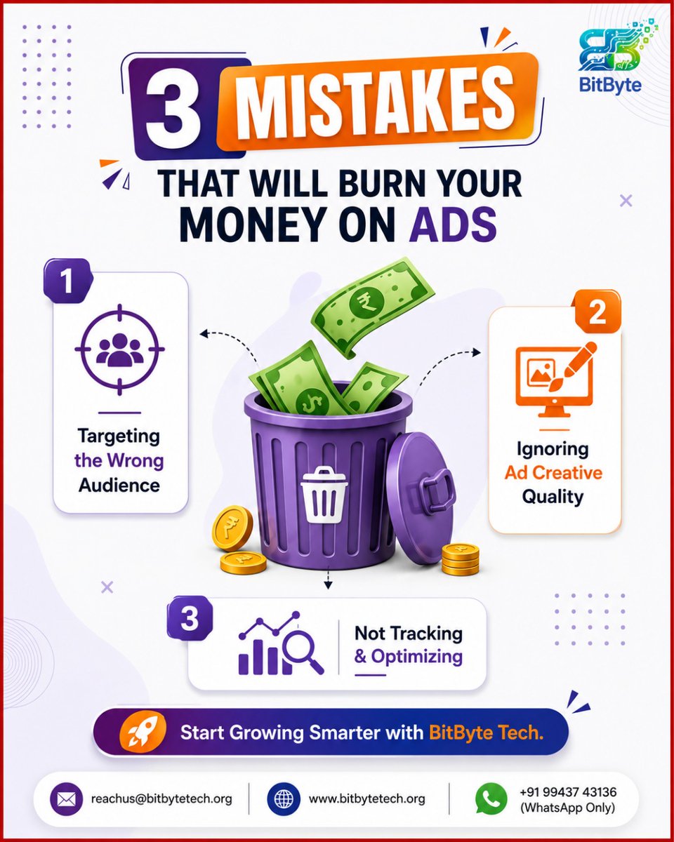 BitbyteReachus's tweet photo. Avoid these 3 common ad mistakes that can waste your budget. π―
Target better. Create better. Optimize better. π
Reach us: π± +91 99437 43136(whatsapp)
#bitbytetechnologies #BitByteTech #AdsMarketing #MetaAds #DigitalMarketing #AdStrategy #SalemIT #SalemCompany #Salem https://t.co/zzjPTZD0gA
