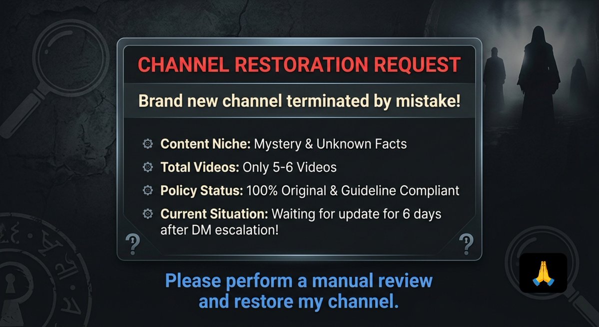 SanoHawlader's tweet photo. Hey @TeamYouTube, your team promised to reach out to me here once they had an update after escalating my case for another review. It has been 6 days today, but I still haven't received any response. My channel is brand new with only 5 videos and follows all policies. Please look into this, review my channel, and restore it.

Please Like the post! 🙏
Please Repost the tweet! 🙏
Please Quote the tweet! 🙏
Please Comment on the post! 🙏

@sell1978

Help @YouTubeCreators 

#YouTubeMistake #RestoreMyChannel #TeamYouTube #YouTubeSupport #WrongfulTermination #YouTubeAppeal 

@YouTubeTV  @YouTube