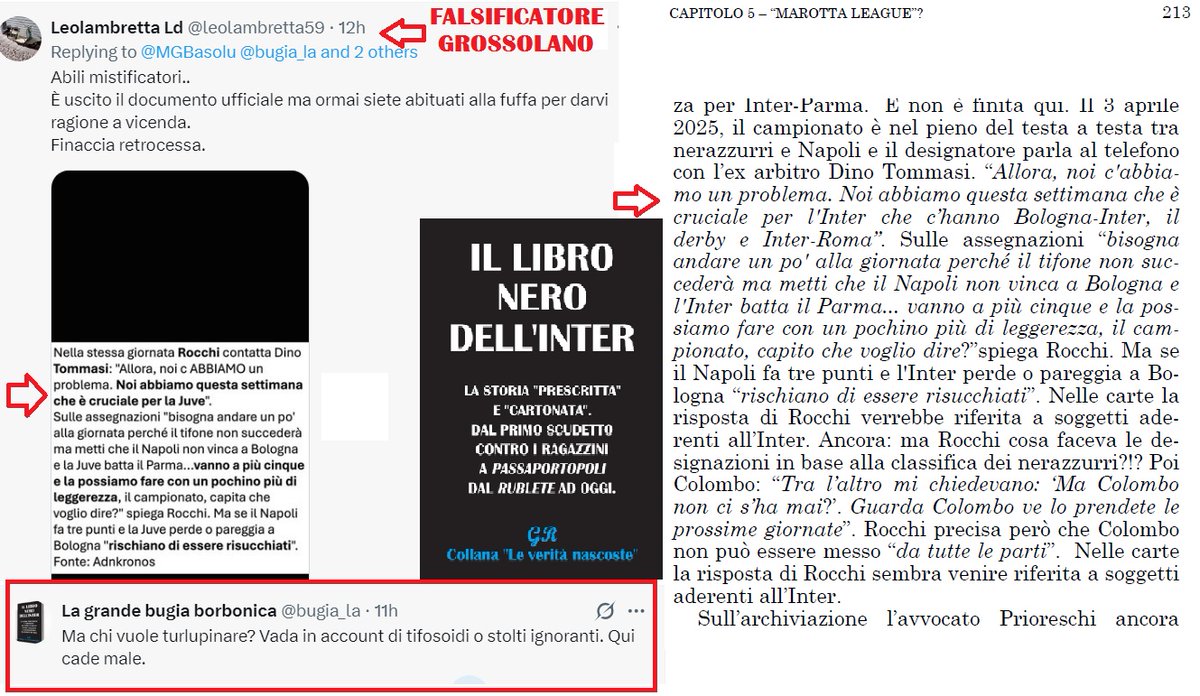 bugia_la's tweet photo. Contraffazione clamorosa di un #tifoso #nerazzurro di un'#intercettazione di #Rocchi (da #adnkronos nella fattispecie) Questo falsificatore ha addirittura cambiato la parola #Inter con #Juve! A sinistra il dispaccio d'agenzia contraffatto, a dx una pagina de "Il libro dell'Inter" https://t.co/I63WKEzvfj
