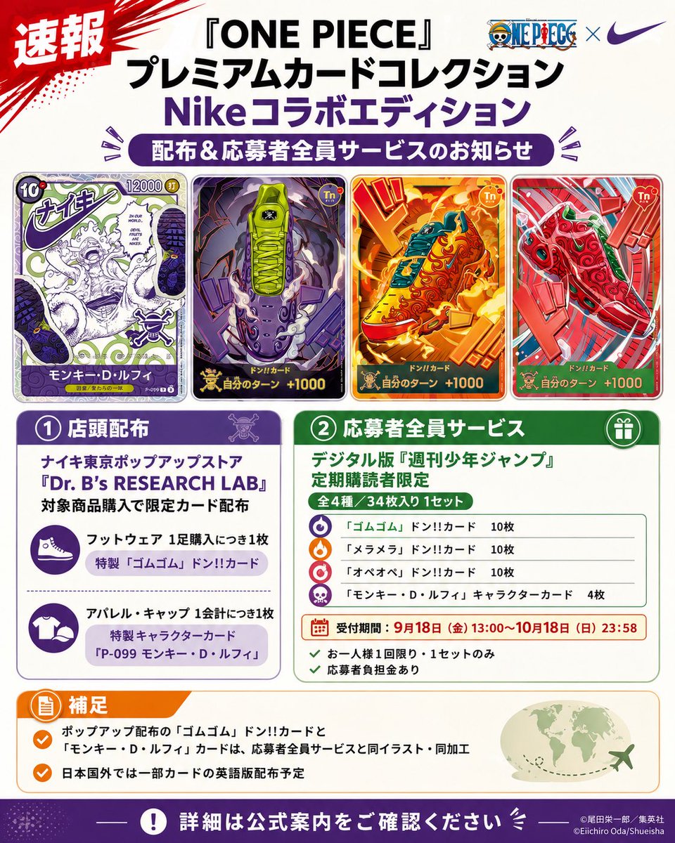 sunrising162136's tweet photo. 🚨【速報｜ONE PIECE × Nike】

「『ONE PIECE』プレミアムカードコレクション
Nikeコラボエディション」展開決定🔥

Nike × ONE PIECEコラボを記念して、限定カードが登場します👀

✅ ナイキ東京ポップアップストアで配布
「Dr. B’s RESEARCH LAB」にて対象商品購入者へ配布予定

👟フットウェア購入
→ 特製「ドン!!カード」全1種

👕アパレル・キャップ購入
→ P-099 モンキー・D・ルフィ 全1種

さらに…

🔥デジタル版「週刊少年ジャンプ」定期購読者限定
【応募者全員サービス】も実施！

📦プレミアムカードコレクション
Nikeコラボエディション
全4種／34枚入り

・「ゴムゴム」ドン!!カード ×10枚
・「メラメラ」ドン!!カード ×10枚
・「オペオペ」ドン!!カード ×10枚
・モンキー・D・ルフィ ×4枚

📅応募期間
9月18日 13:00〜10月18日 23:58

※お一人様1回、1セットのみ
※応募者負担金あり

しかも、日本国外でもNikeから一部カードの英語版配布を予定とのこと🌎

ONE PIECEカード×Nikeはかなり注目されそうですね👀

#ワンピースカード
#ONEPIECEカードゲーム
#Nike
#ONEPIECE