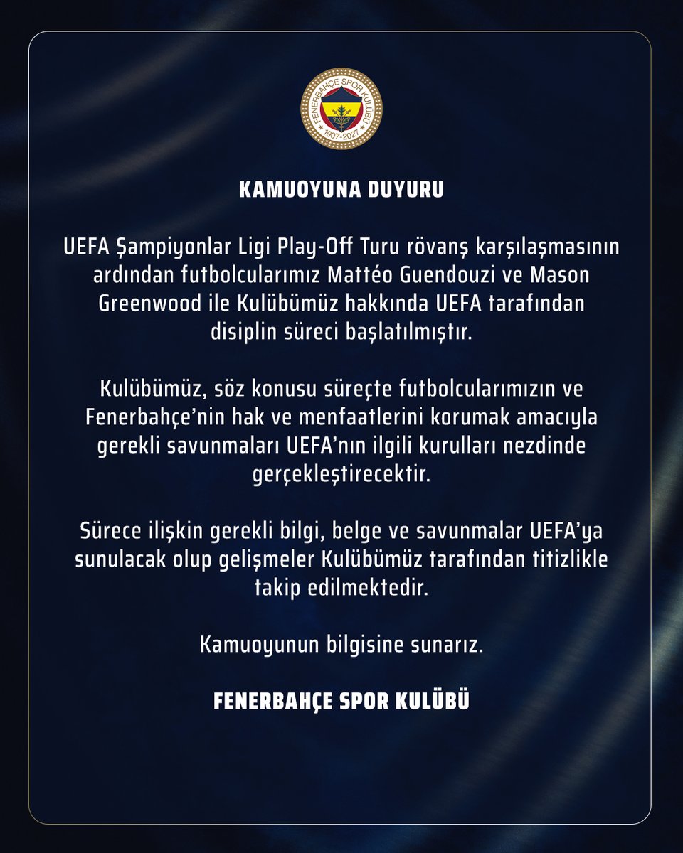 Fenerbahce's tweet photo. Kamuoyuna Duyuru https://t.co/pK81vkQFbK