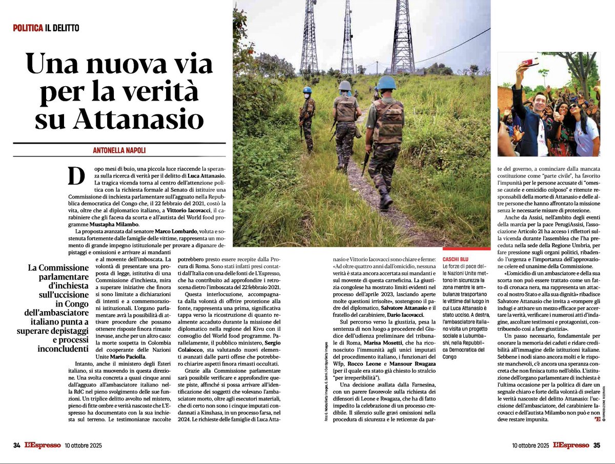 AntonellaNapoli's tweet photo. “Richiesta di archiviazione”: tre pesanti parole che rendono felici coloro che non vogliono la verità sull’uccisione dell’ambasciatore #LucaAttanasio, vittima di un agguato in #Congo con il carabiniere che gli faceva da scorta #VittorioIacovacci e l’autista del #Wfp #MustaphaMilambo.
La decisione del pm #SergioColaiocco era nell’aria da tempo e solo grazie al libro “Le verità nascoste del delitto Attanasio” e l’inchiesta giornalistica-investigativa per @espressonline e @FocusOnAfricaIt, oltre alla caparbietà delle famiglie delle vittime, avevano ritardato questo infausto giorno per la giustizia.
Ora gli avvocati dei genitori dell’ambasciatore e del fratello di Iacovacci faranno opposizione.
E avranno bisogno di tutto il supporto possibile.
#veritaperlucavittorioemustapha non può, non deve, essere archiviata.