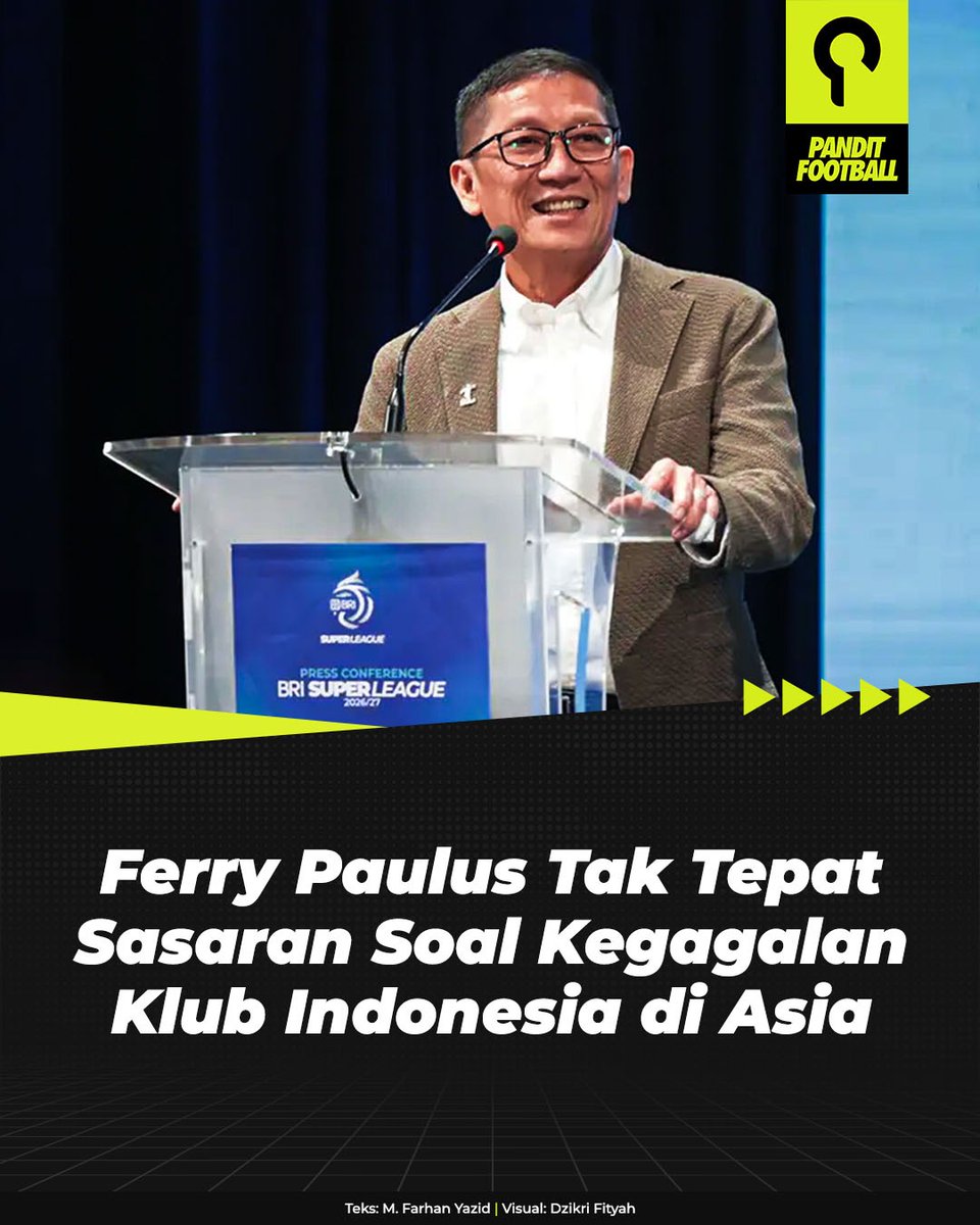 panditfootball's tweet photo. Pernyataan Ferry Paulus soal turunnya peringkat Liga Indonesia di Asia menuai kontroversi.

Ia mengaitkannya dengan kegagalan Persib Bandung dan Dewa United melaju jauh di kompetisi Asia. Namun, jika merujuk regulasi AFC Club Competitions Ranking, penjelasan tersebut tak sepenuhnya tepat.