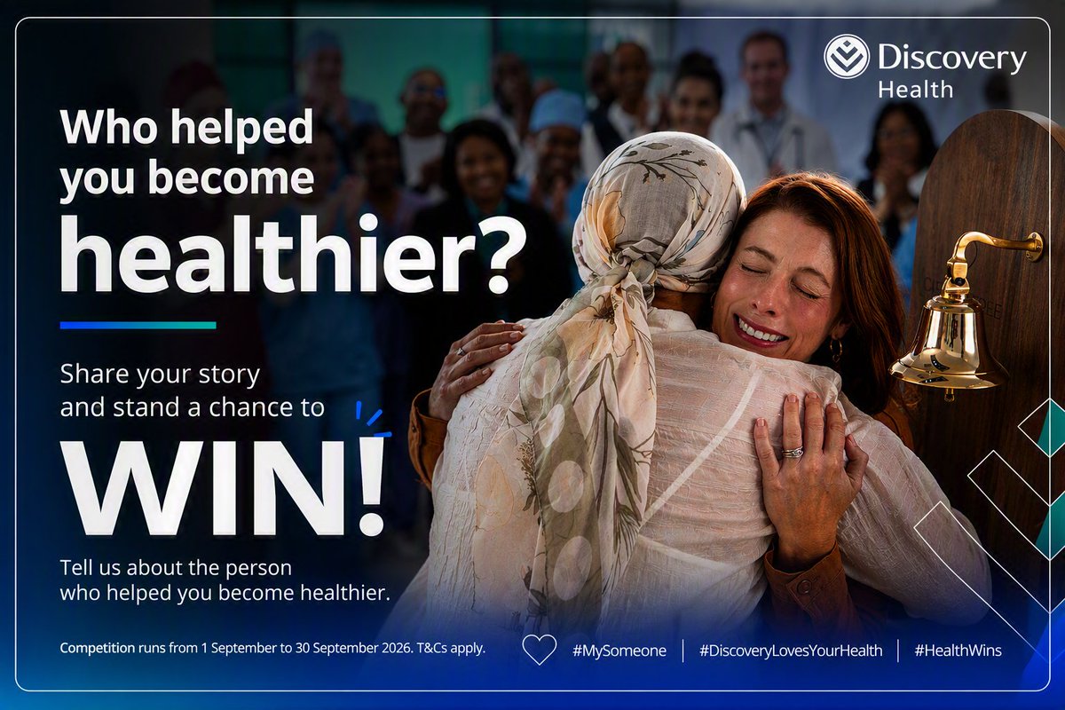 Discovery_SA's tweet photo. Who helped you become healthier?
Someone believed in you. Someone supported you. Someone helped you keep going.
Tell us about the person who helped you become healthier and stand a chance to WIN a R5,000 Takealot voucher.
#MySomeone #DiscoveryLovesYourHealth #HealthWins https://t.co/t1Yp4WC6Zc