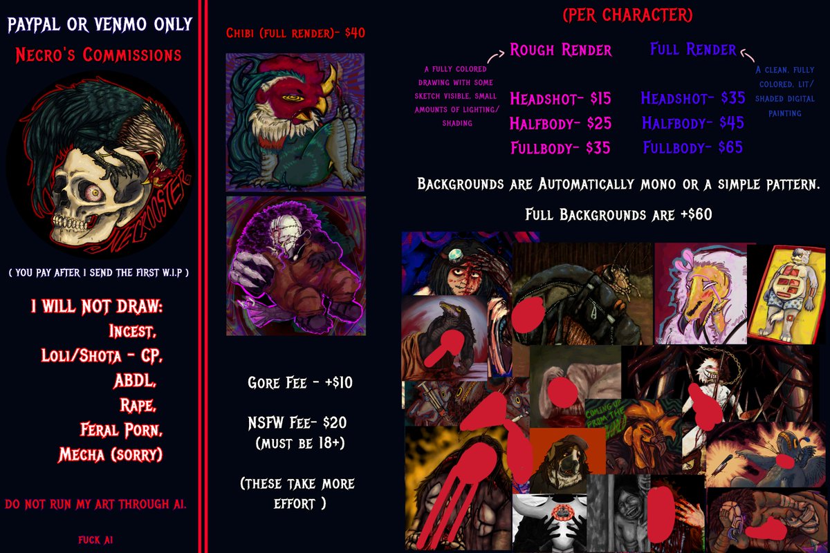 Necrooster's tweet photo. COMMISSIONS OPEN . 1/5 SLOTS. 

(VENMO AND PAYPAL ONLY)(REPOST) wanted to fix up my commission sheet a bit. https://t.co/tUG4und6qM