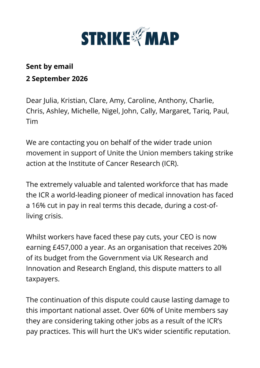 strike_map's tweet photo. BREAKING π¨ | Unions tell @ICR_London board: end the strike, value your workforce and protect our national resource.
Trade Unions representing over 2 million workers have just sent the below letter to the Executive Board & Trustees of the ICR.
Share the letter π
#StrikeMap https://t.co/jGQFkmBpsK