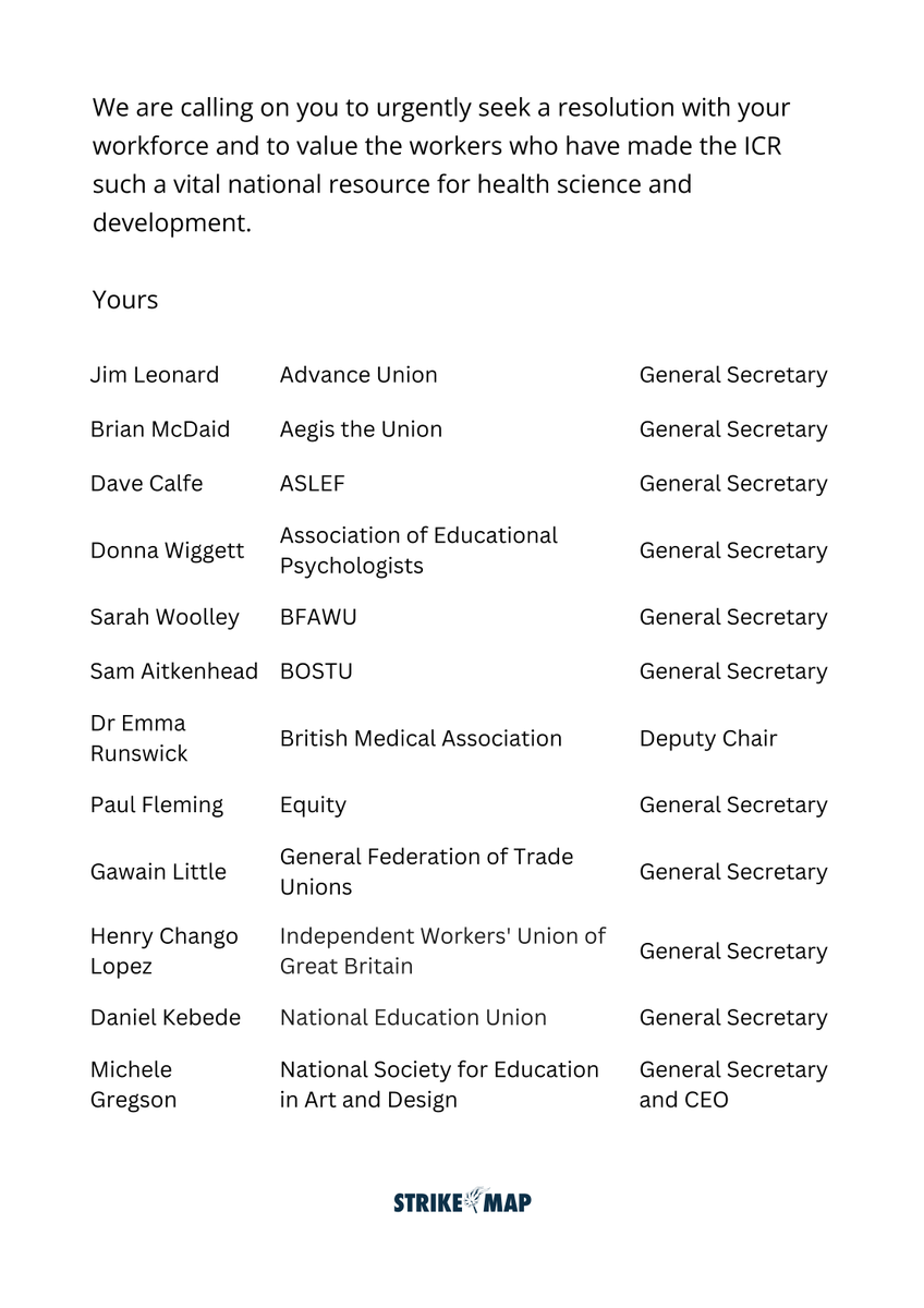 strike_map's tweet photo. BREAKING π¨ | Unions tell @ICR_London board: end the strike, value your workforce and protect our national resource.
Trade Unions representing over 2 million workers have just sent the below letter to the Executive Board & Trustees of the ICR.
Share the letter π
#StrikeMap https://t.co/jGQFkmBpsK