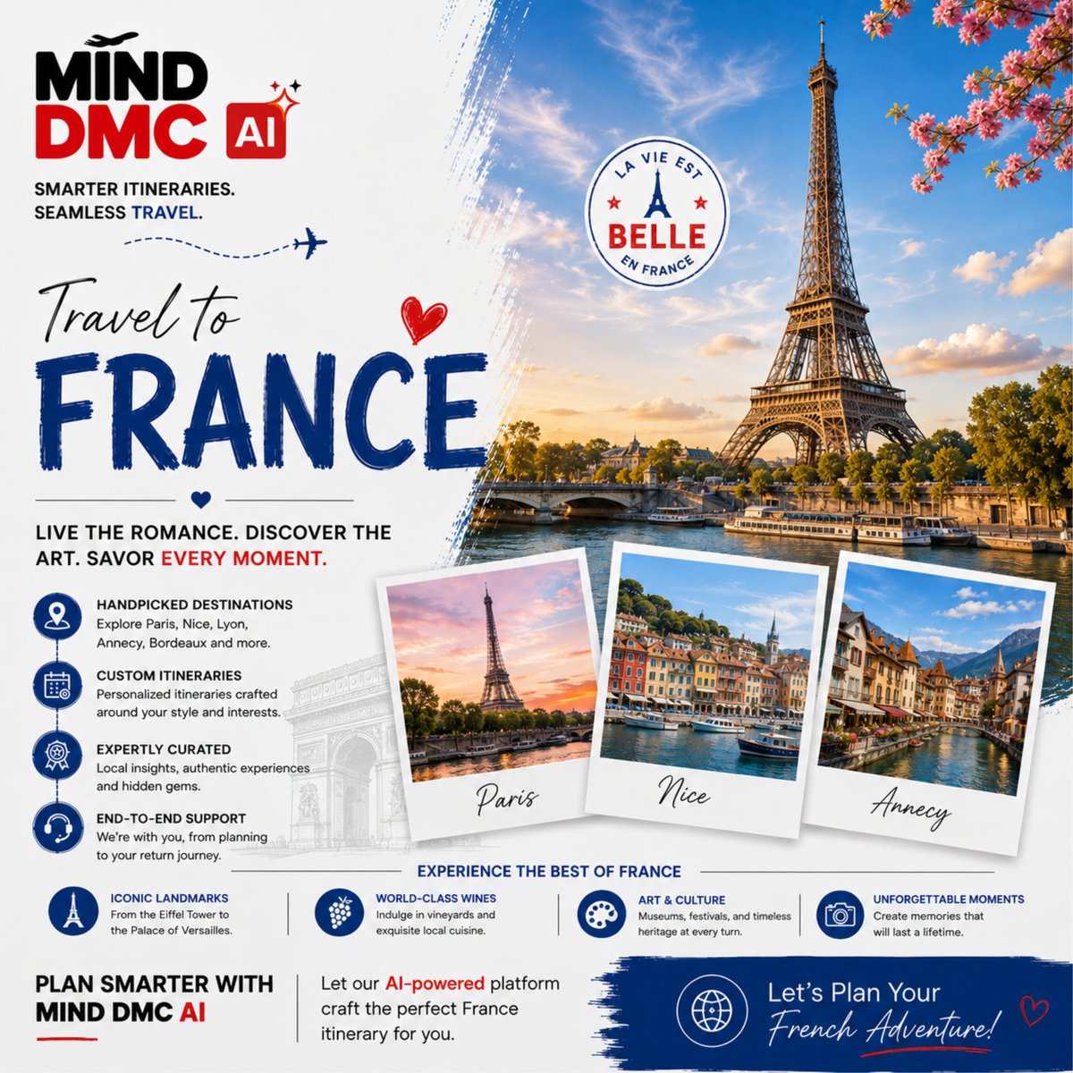 MindD3310's tweet photo. Discover France 🇫🇷 From Paris to Nice and Annecy, create unforgettable journeys with Mind DMC AI. Plan smarter, personalize itineraries, and deliver exceptional travel experiences.
📧 info@minddmc.ai
📞 +91 9910730370
🌐 https://t.co/G5xBMkm2Qy
#FranceTravel #TravelAI #MindDMCai https://t.co/ZuiAj3xYXZ