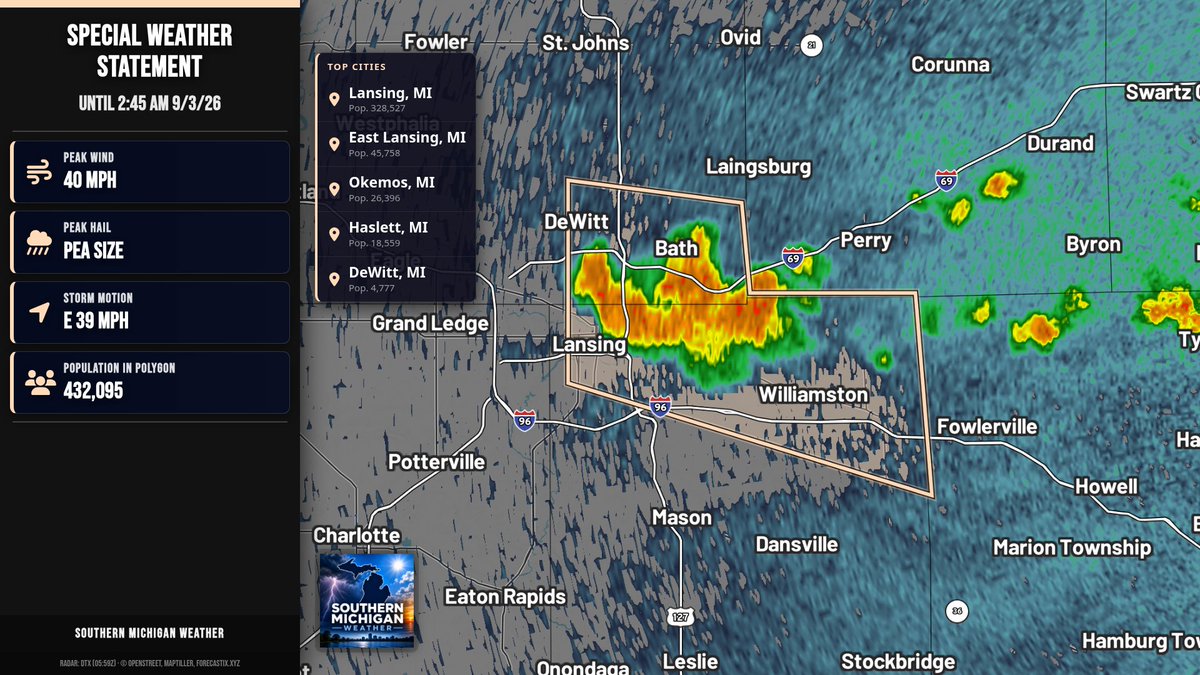 SouthernMIWX's tweet photo. Special Weather Statement for Clinton and Ingham Counties until 2:45 AM 9/3/26. A strong thunderstorm is moving east near East Lansing. Winds over 40 mph may knock down tree limbs. If outdoors, seek shelter inside. https://t.co/BmjvaNgLQA