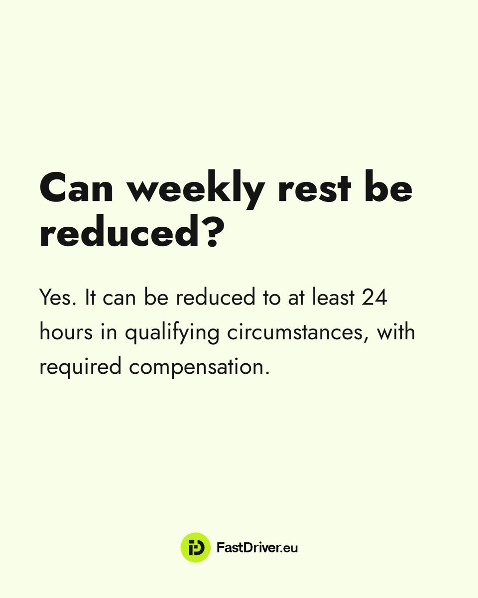 FastDriverEU's tweet photo. Can weekly rest be reduced for truck drivers in Europe? 🚛

Yes. In certain situations, weekly rest can be reduced to at least 24 hours, but the lost rest time must be compensated later.

Learn more about EU truck driving rules:

https://t.co/PzuPQAQ4Pn

#FastDriverEU https://t.co/yWsRKOfiUn