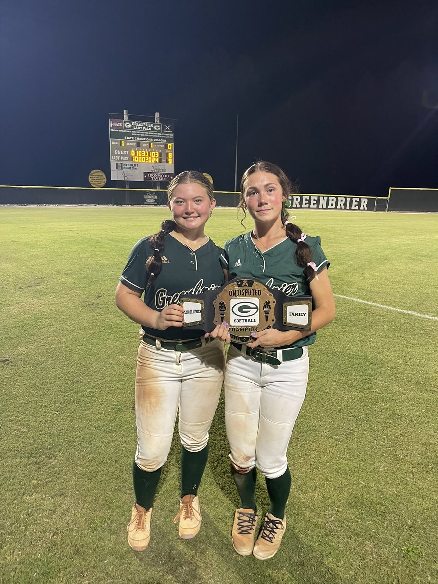 greenbriersoftb's tweet photo. Congratulations to Brooke and Ava for co-receiving the belt for their performance against Effingham.
Brooke had 2 hits, 4 RBls and hit the 2 run 💣 in the bottom of the 7th to tie the
game. Ava had 4 hits, 1 RBI, a double, and had the walk off hit in the bottom of the 8th to win! https://t.co/9igA1noors
