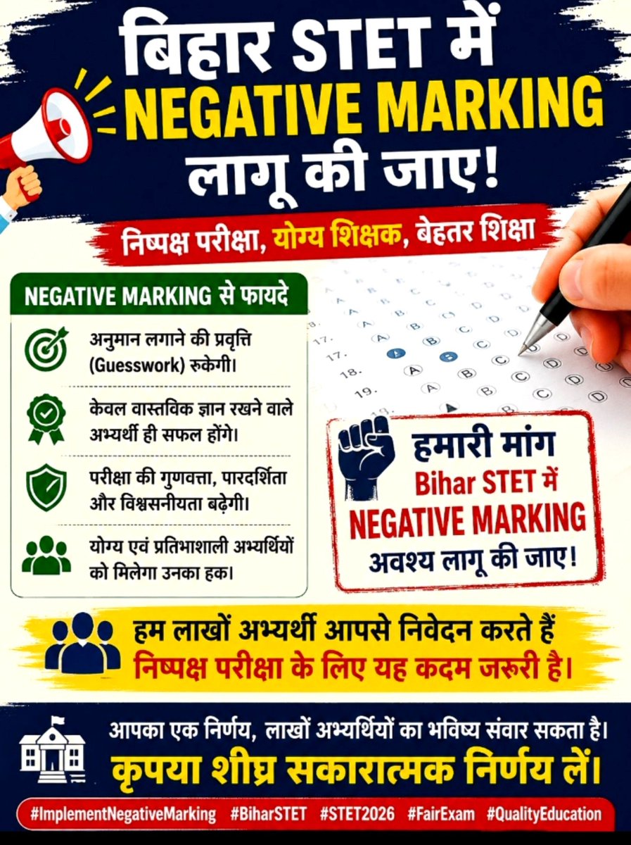 MrDev234's tweet photo. बिहार STET में Negative Marking लागू की जाए!”

1. 🎯 Guesswork/अनुमान से उत्तर लगाने की प्रवृत्ति कम होगी।

2. 📚 वास्तविक ज्ञान रखने वाले अभ्यर्थियों को फायदा मिलेगा।

3. ⚖️ परीक्षा की गुणवत्ता, पारदर्शिता और विश्वसनीयता बढ़ेगी।

4. 🏆 योग्य एवं प्रतिभाशाली अभ्यर्थियों को उचित अवसर मिलेगा।

5. 👨‍🏫 इसका उद्देश्य निष्पक्ष परीक्षा और बेहतर शिक्षक चयन सुनिश्चित करना बताया गया है।
