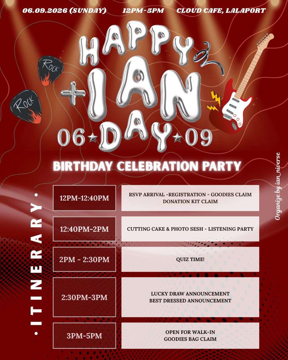 applecrowsanity's tweet photo. 🎸✨THE PARTY IS ABOUT TO START, DREAMERS!✨🎸ARE YOU EXCITED? CAUSE WE ARE SOO EXCITED🤸🏼‍♀️🥳✨

Here’s the Happy +Ian Day itinerary, specially prepared for our RSVP Dreamers!🖤❤️

Please read through the itinerary and take note of the timings so you don’t miss out on anything!🫶🏼✨ https://t.co/grb0AIrjEH