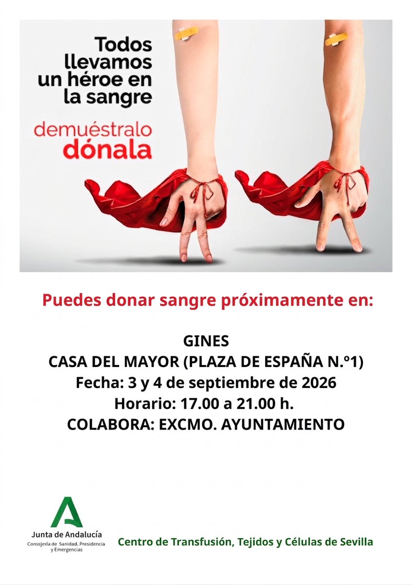 AytoGines's tweet photo. 🩸💉 RECUERDA: Nueva campaña de donación de sangre en Gines los días 3 y 4 de septiembre en la Casa del Mayor.
➡️ Tendrá lugar en la Casa del Mayor (Plaza de España, 1) de 17 a 21h con la colaboración del Ayuntamiento.
ℹ️ Más info:
https://t.co/TaUUNNiMOM

#SienteGines https://t.co/XPoWV3zcdp