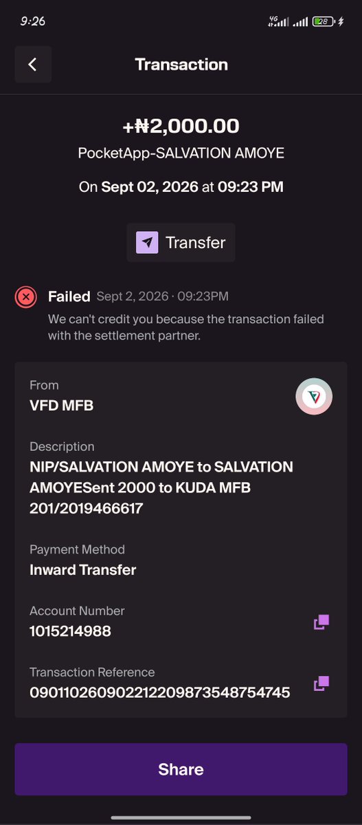 waki_d_'s tweet photo. @getpocketapp Kuda say failed we can't credit you because the transaction failed with the statement partner https://t.co/DEhLwTGOvk