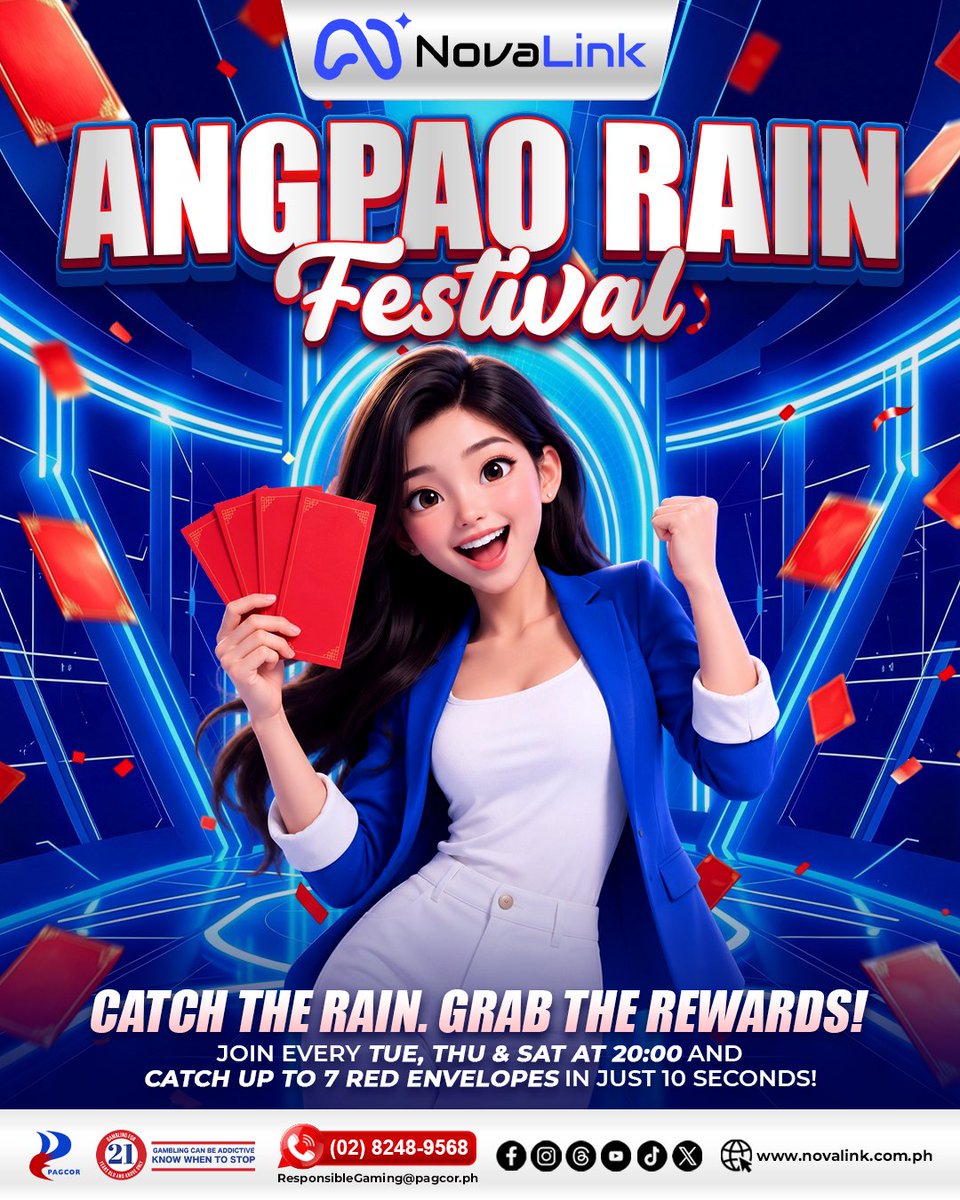 NovaLink88's tweet photo. It's raining rewards!
Catch the thrill with the Angpao Rain Festival every Tue, Thu, and Sat at 20:00!
Catch the prizes now: https://t.co/3woWe36O1Z
#NovaLink #RedEnvelopeRain #OnlineGamingPH #GamePromos #RedEnvelope #AngPaoRain #SlotsPH #SpinToWin #LuckyMoney #PinoyGamers https://t.co/MP79oKLdXy
